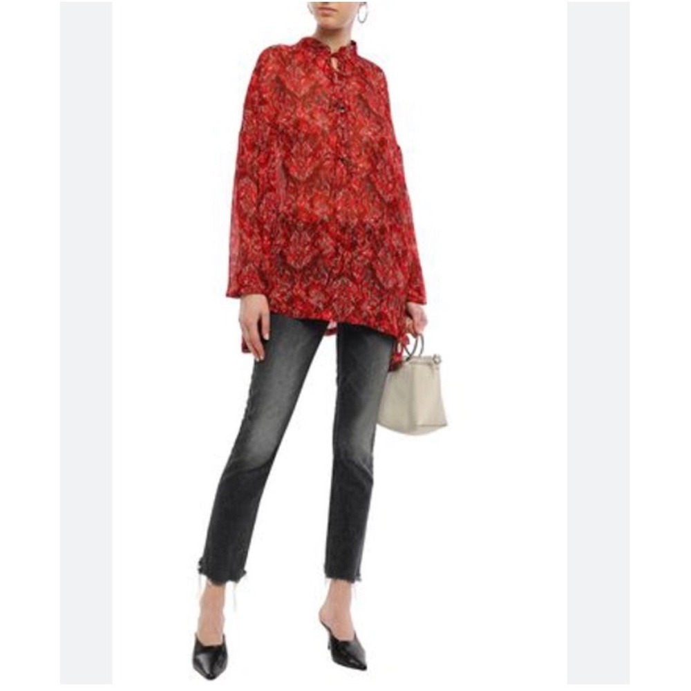 D6 IRO Vagabond Printed Chiffon Blouse In Claret Viscose Tie Neck Long Sleeve 40
